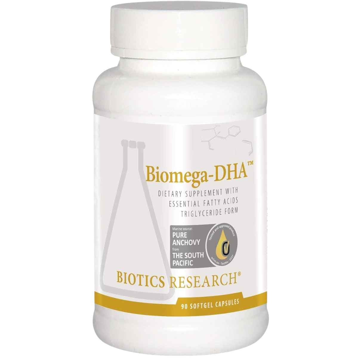 Frasco frontal de Biotics Research Biomega-DHA omega 3, presentación de 90 cápsulas blandas.