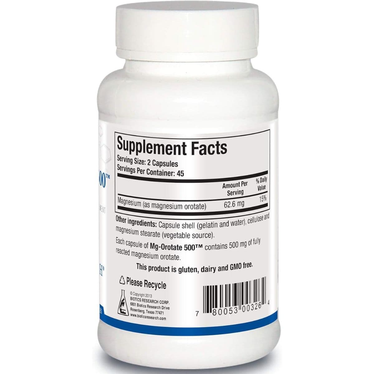 Información del suplemento Biotics Research Mg-Orotate 500 orotato de magnesio