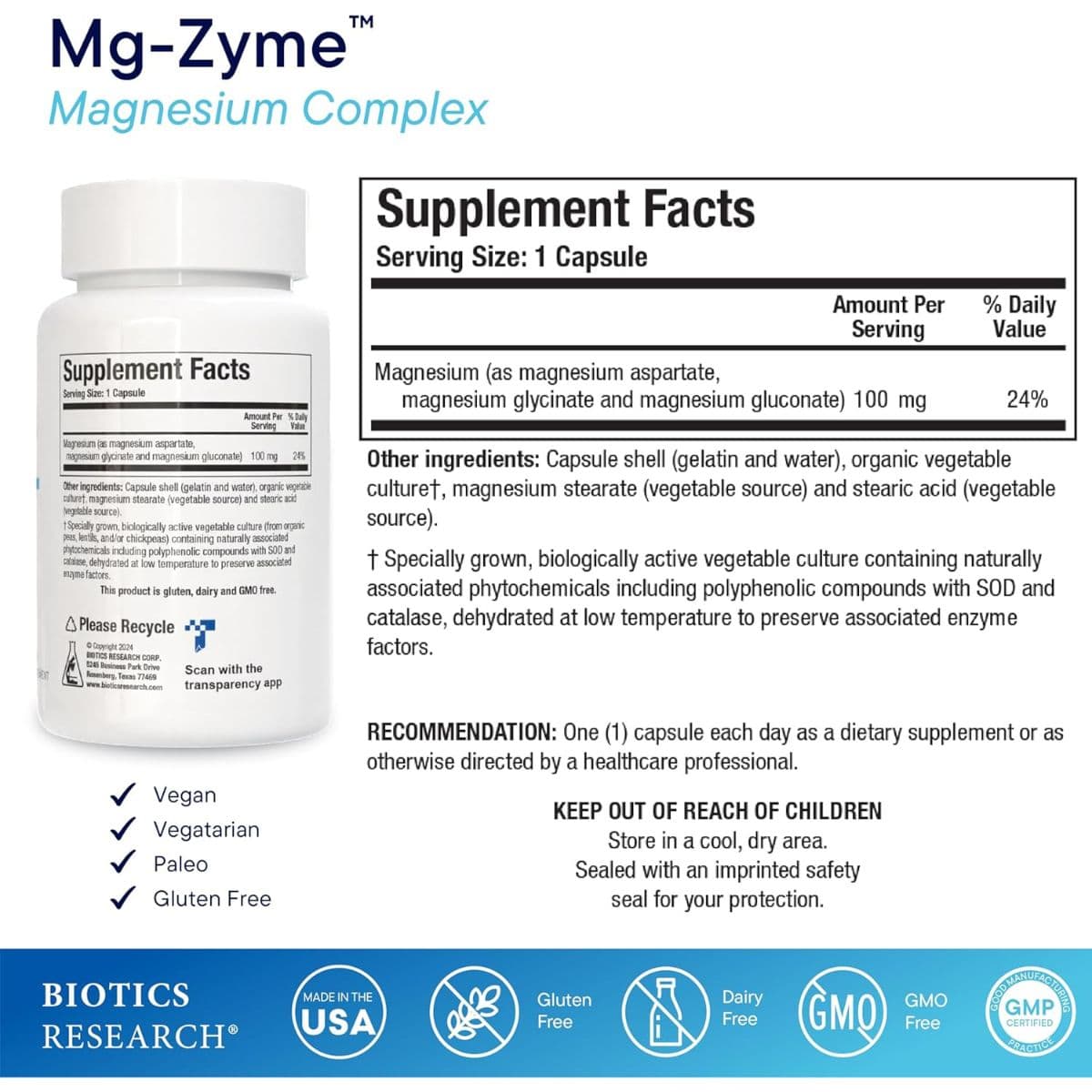 Información del suplemento Biotics Research Mg-Zyme complejo de magnesio
