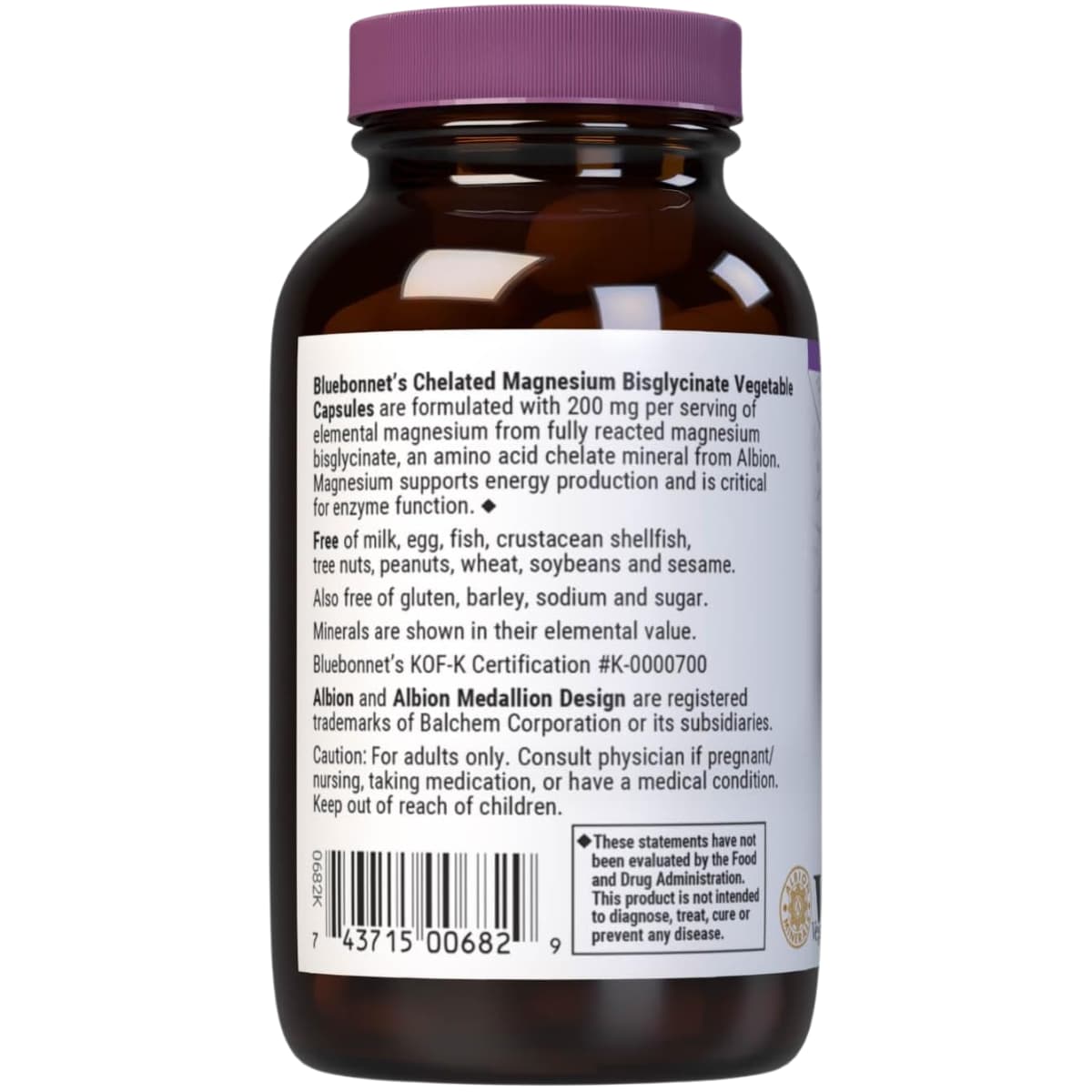 Etiqueta posterior de Bluebonnet bisglicinato de magnesio quelado Albion, 60 cápsulas vegetales