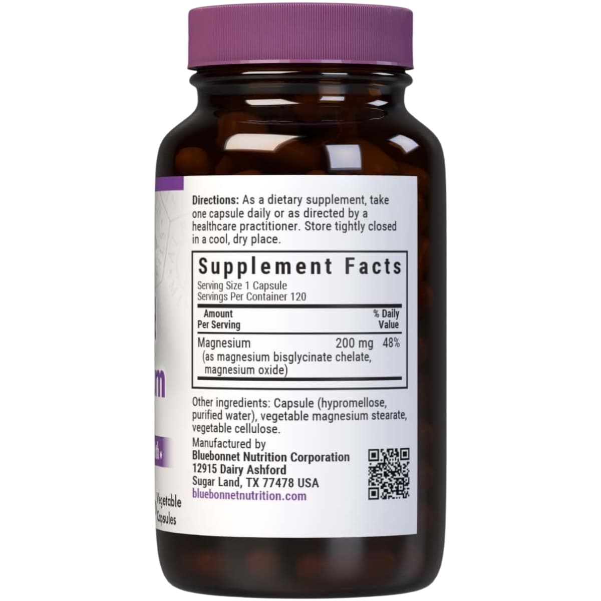 Información del suplemento de Bluebonnet bisglicinato de magnesio quelado con óxido, 60 cápsulas, con 200 mg de magnesio por cápsula