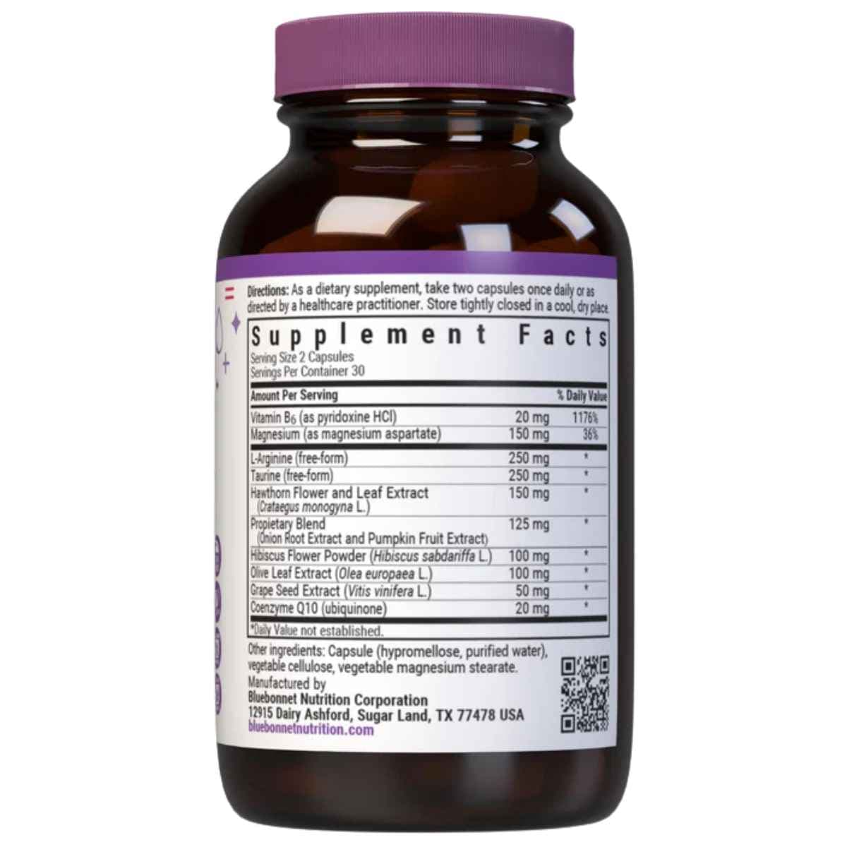 Tabla nutricional del suplemento Bluebonnet Blood Pressure Support 60 cápsulas.