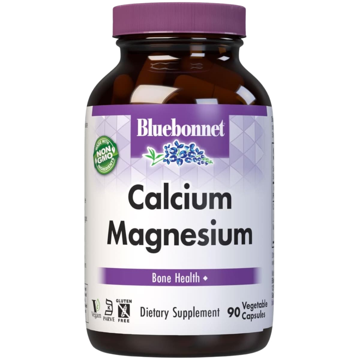 Frasco frontal de Bluebonnet calcio y magnesio en cápsulas vegetales, 90 cápsulas