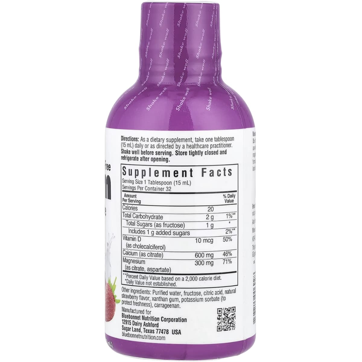Información del suplemento de Bluebonnet calcio y magnesio líquido con D3 sabor fresa