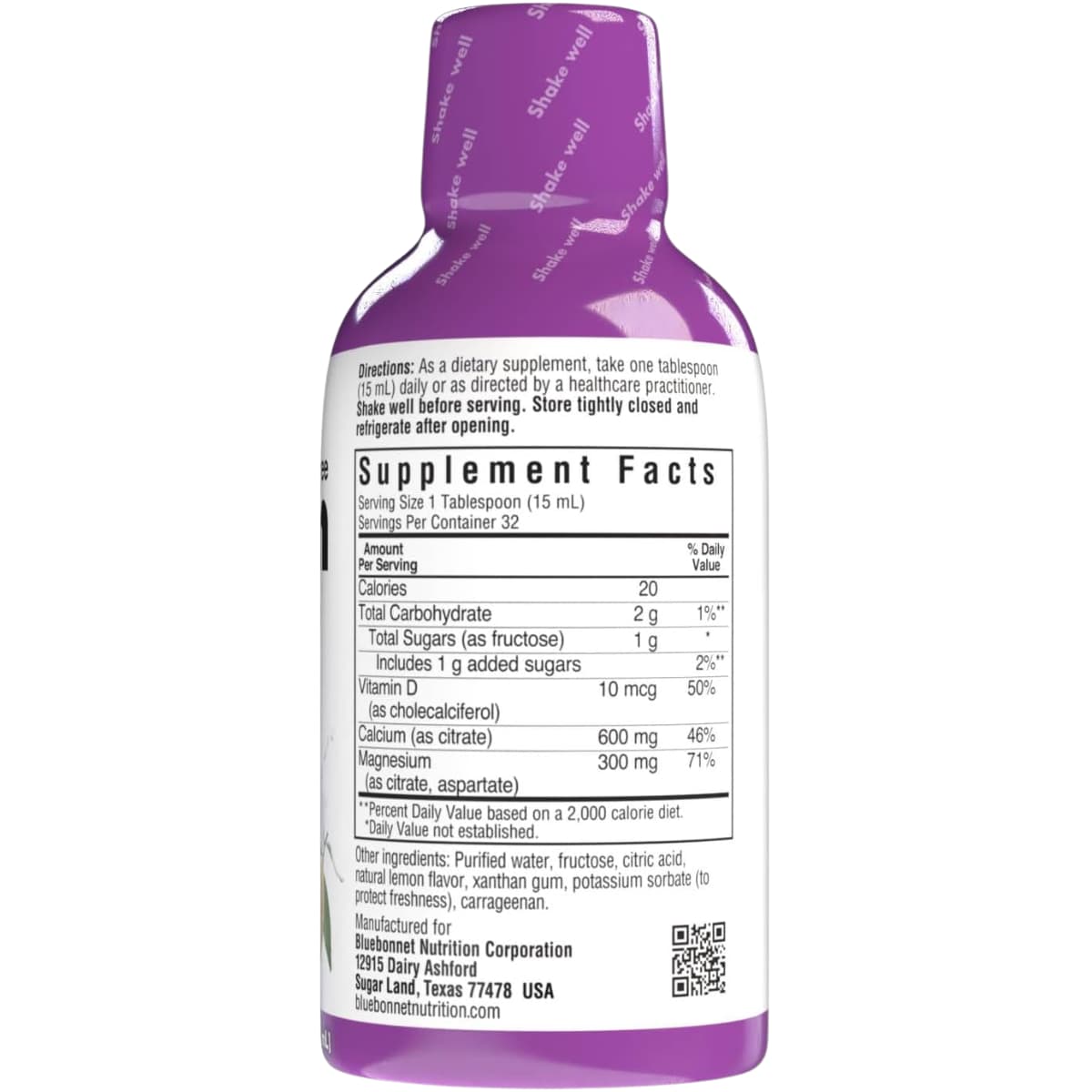 Información del suplemento de Bluebonnet calcio y magnesio líquido con D3 sabor limón
