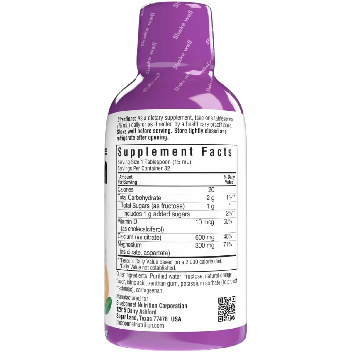 Información del suplemento de Bluebonnet calcio y magnesio líquido con D3 sabor naranja