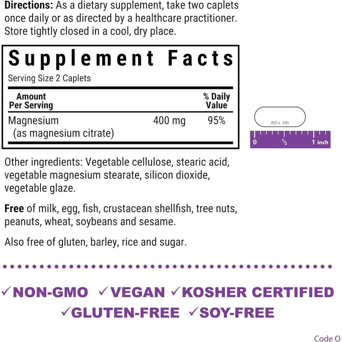 Etiqueta de Bluebonnet Citrato de magnesio con las instrucciones de uso, la información del suplemento de 400 mg por porción de 2 tabletas y los sellos del producto.