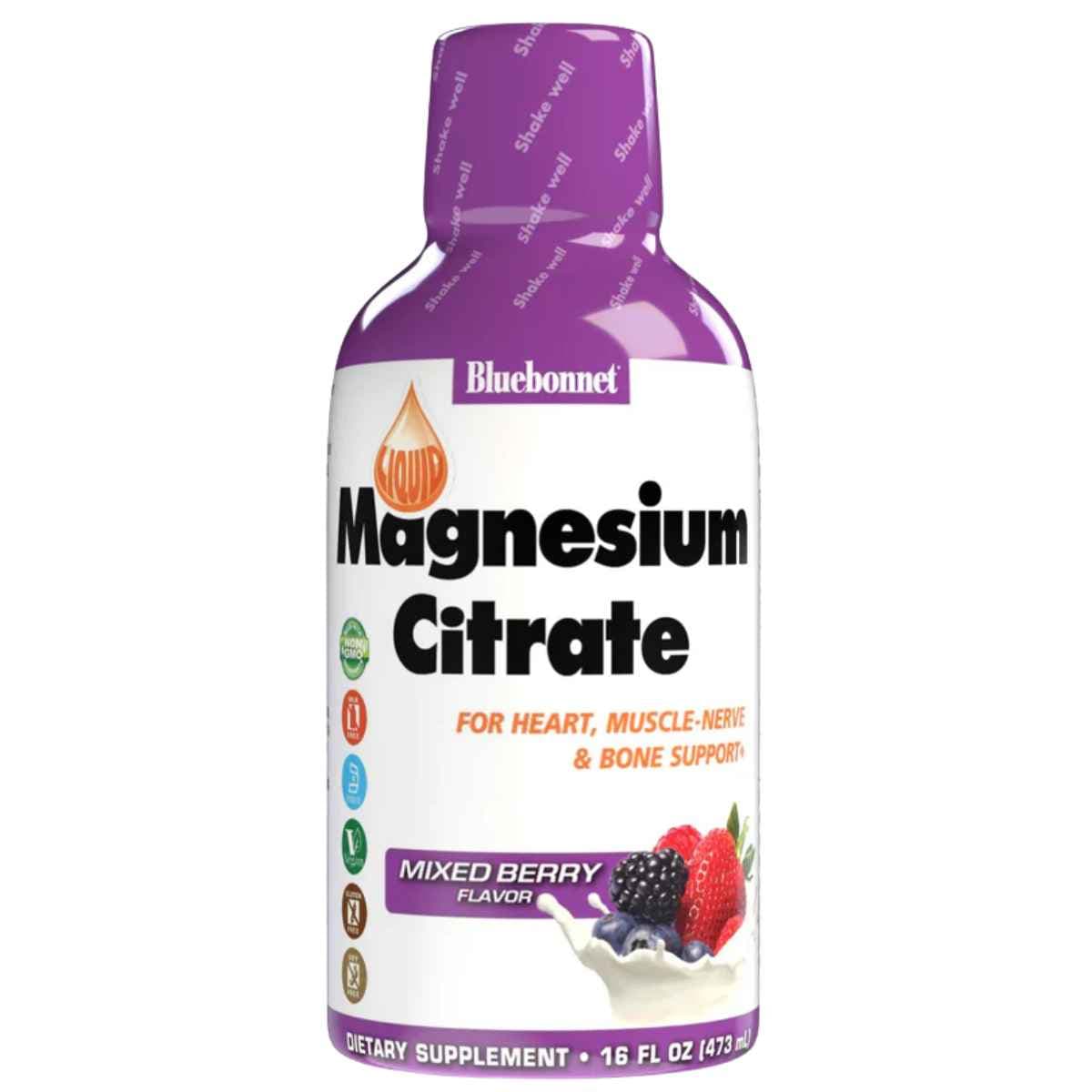 Botella de suplemento Bluebonnet Citrato de Magnesio Líquido sabor Mezcla de Bayas 16 fl oz