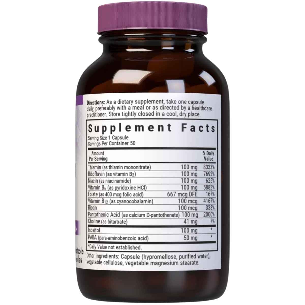 Tabla nutricional del suplemento Bluebonnet Complejo B 100 50 cápsulas vegetales