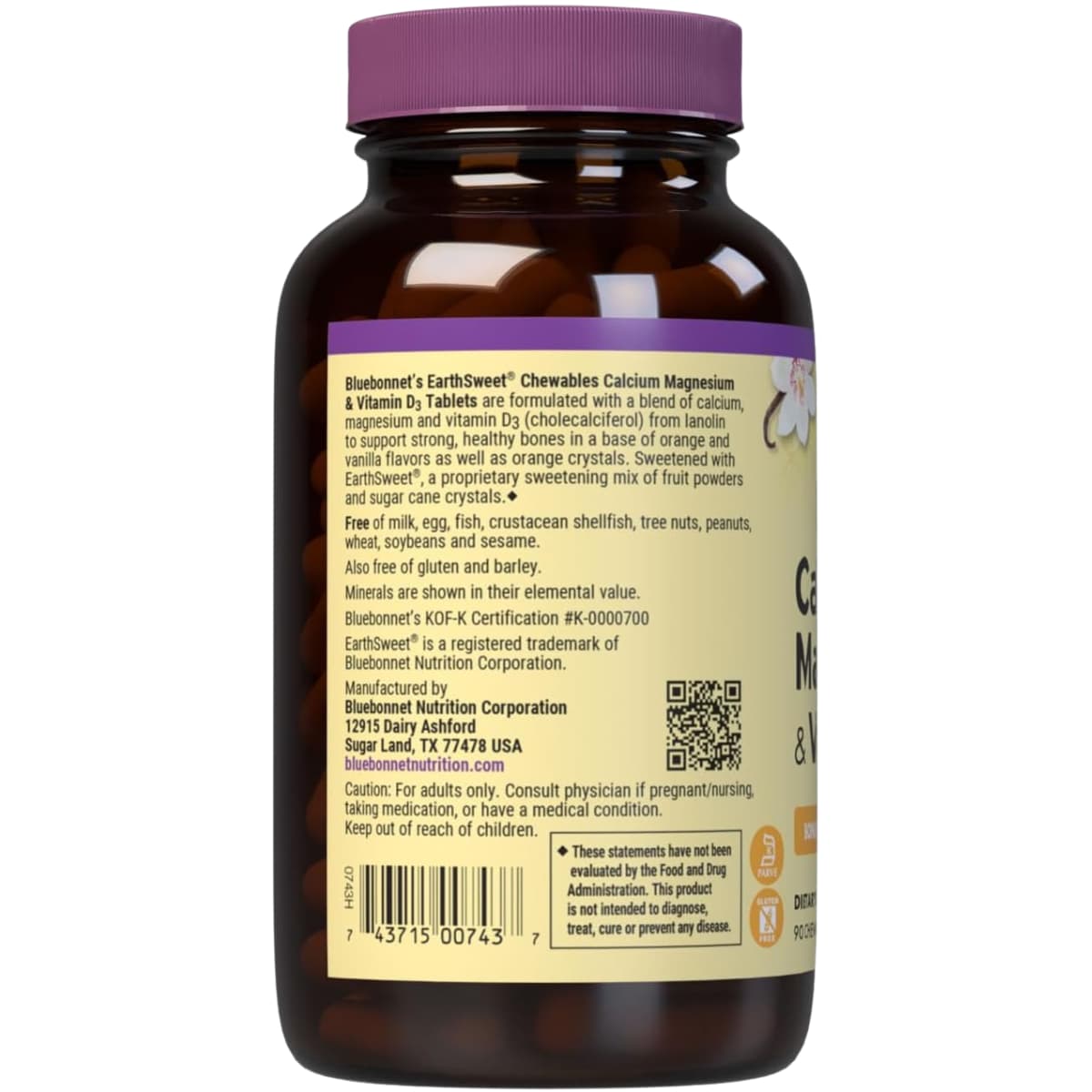 Etiqueta posterior de Bluebonnet EarthSweet calcio, magnesio y vitamina D3 en tabletas masticables sabor naranja vainilla, 90 tabletas