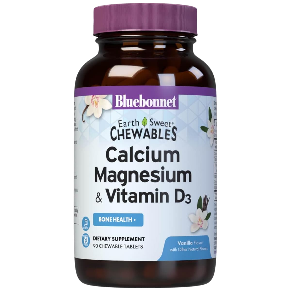 Frasco frontal de Bluebonnet EarthSweet calcio, magnesio y vitamina D3 en tabletas masticables sabor vainilla, 90 tabletas