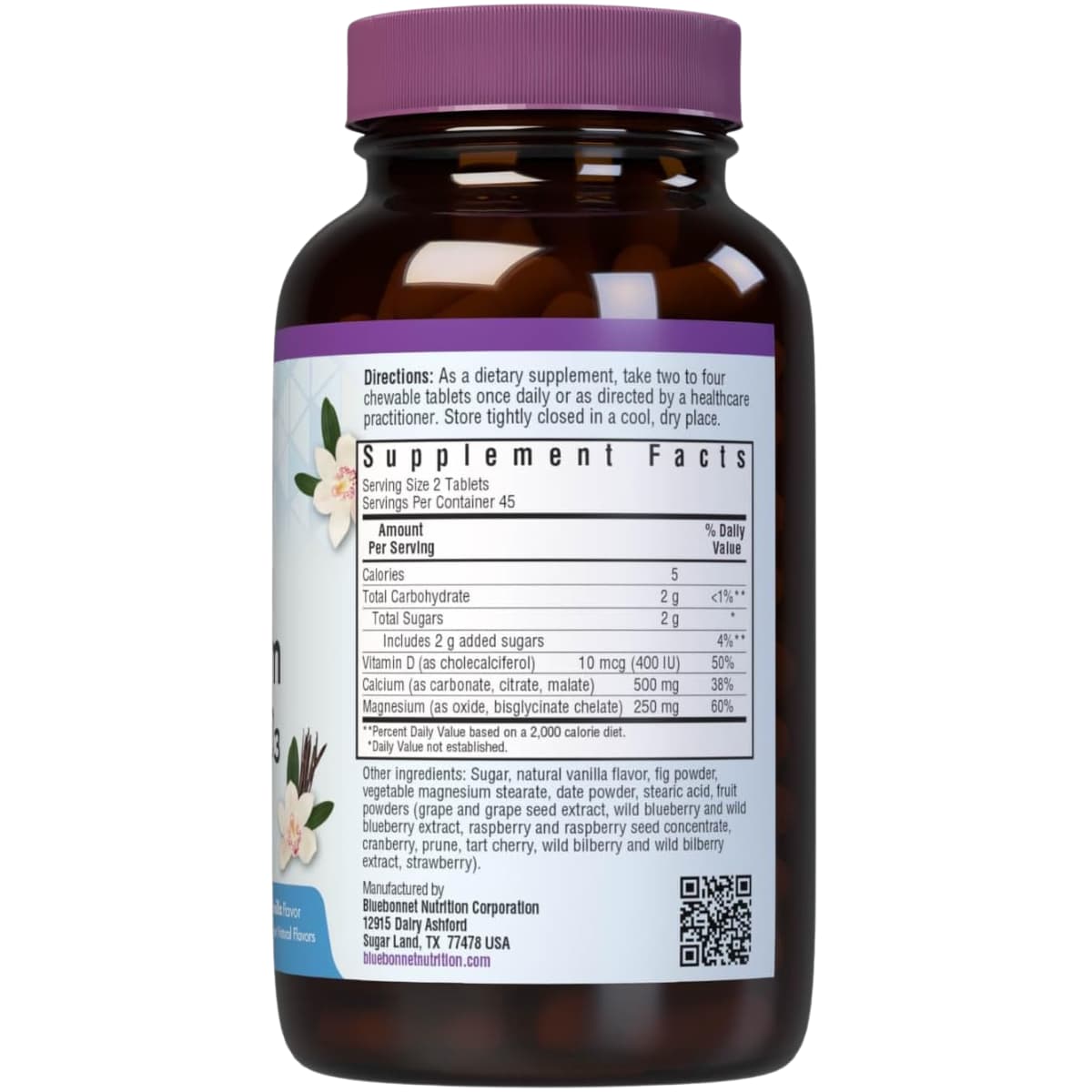 Información del suplemento de Bluebonnet EarthSweet calcio, magnesio y vitamina D3 en tabletas masticables sabor vainilla, 90 tabletas