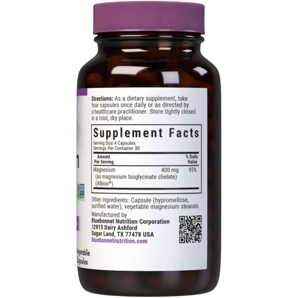 Etiqueta Supplement Facts de Bluebonnet Magnesium Glycinate 400 mg con 120 cápsulas vegetales