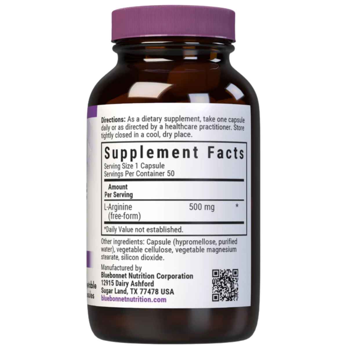Tabla nutricional del suplemento Bluebonnet L-Arginina 500 mg 50 cápsulas