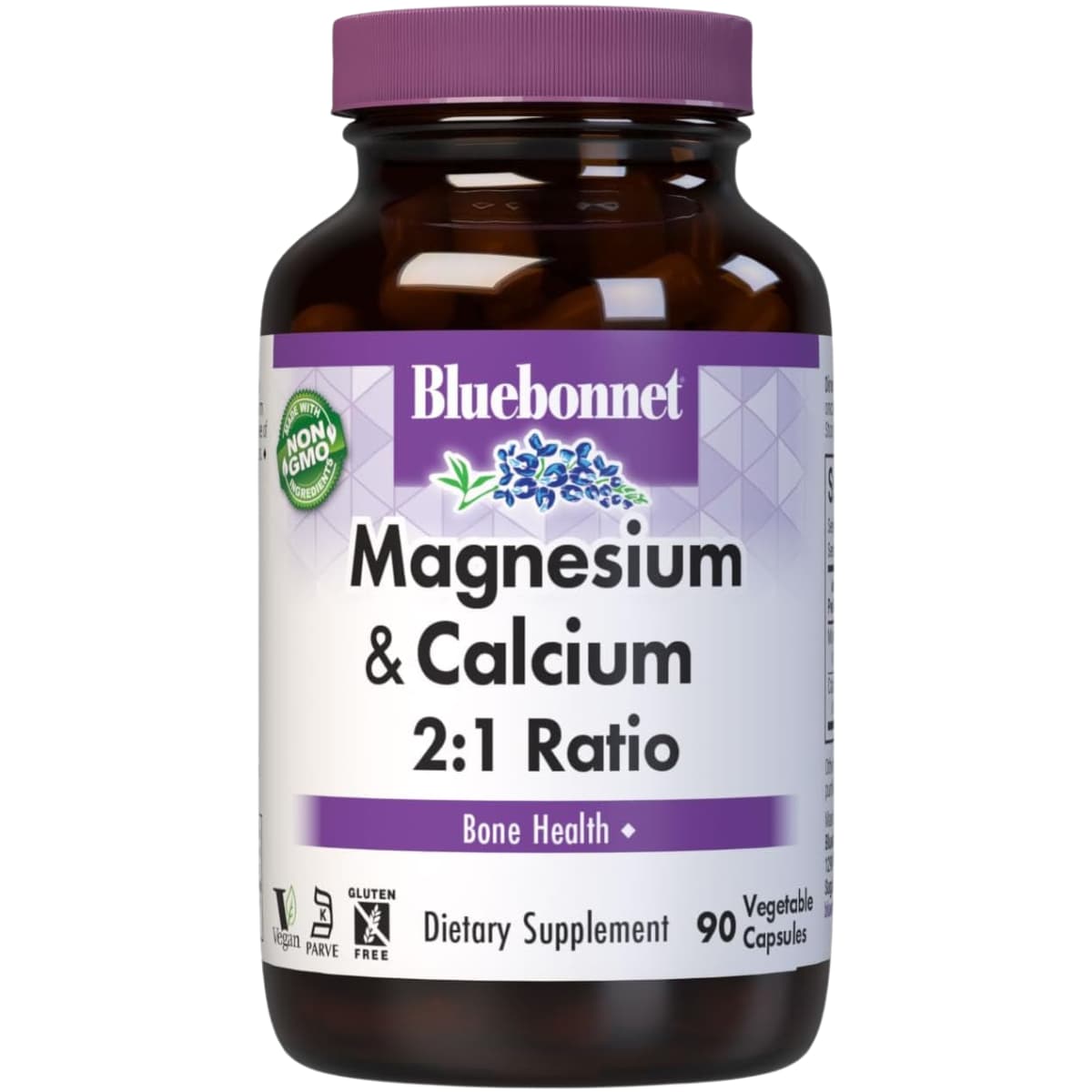 Frasco frontal de Bluebonnet magnesio y calcio ratio 2:1, 90 cápsulas vegetales