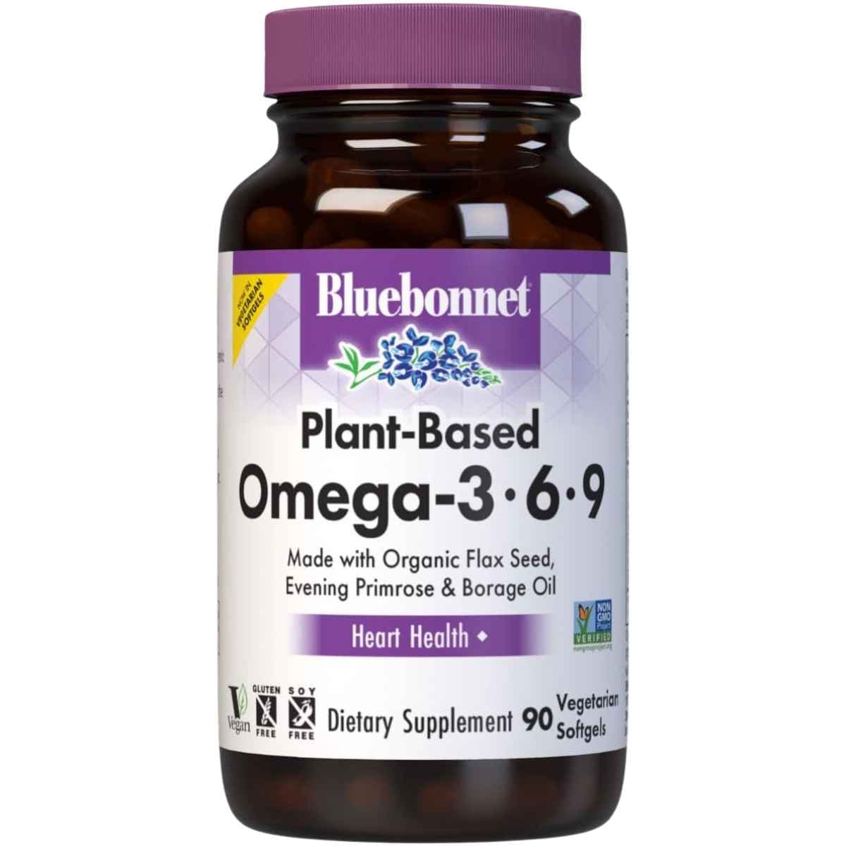 Frasco frontal de Bluebonnet Omega 3-6-9 vegetal, presentación de 90 cápsulas blandas