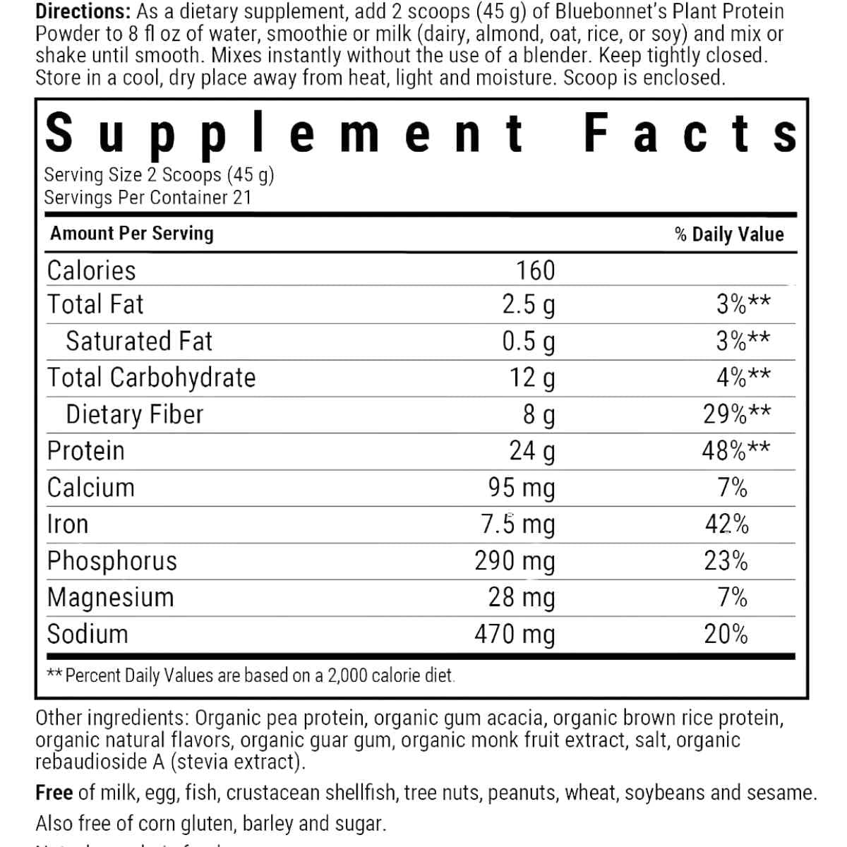 Información nutricional de Bluebonnet Organic Plant Protein vainilla 945 g, 21 porciones