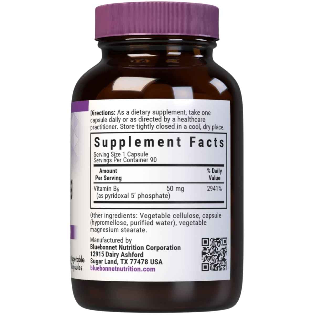Tabla nutricional del suplemento Bluebonnet P5P Piridoxal-5-Fosfato 50 mg 90 cápsulas