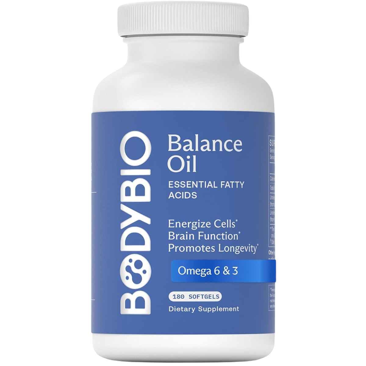 Frasco frontal de BodyBio Balance Oil omega 6 y 3 con 180 cápsulas blandas.