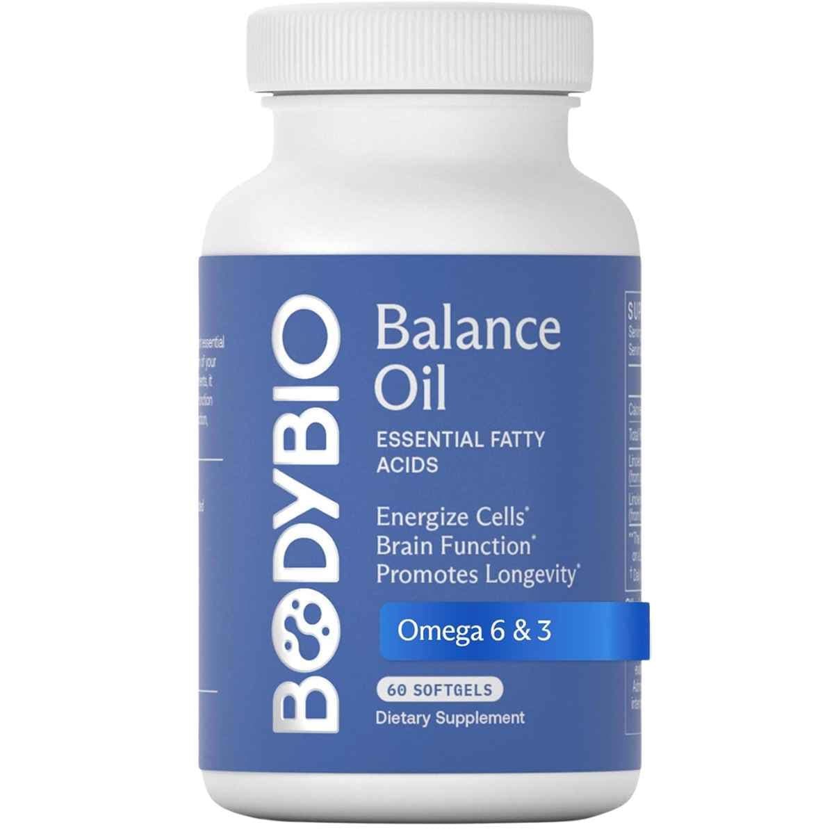 Frasco frontal de BodyBio Balance Oil omega 6 y 3 con 60 cápsulas blandas.
