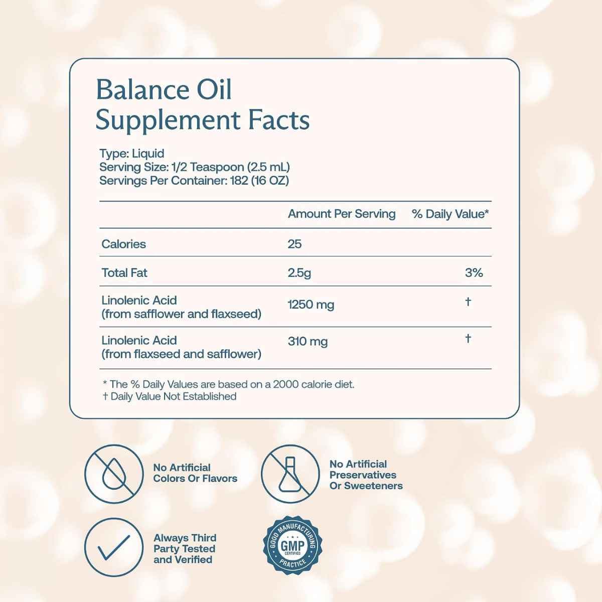 Información del suplemento de BodyBio Balance Oil líquido con ácido linoleico y ácido linolénico por porción.