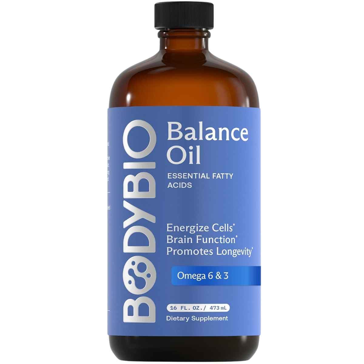 Frasco frontal de BodyBio Balance Oil omega 6 y omega 3 líquido, presentación de 473 ml.