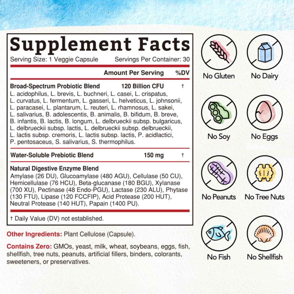 Tabla nutricional del suplemento Bonawell Probiótico Diario 3-en-1 30 cápsulas