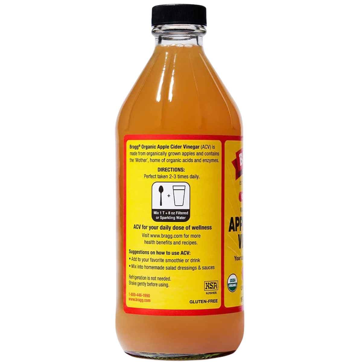 Vista lateral y posterior de Bragg vinagre de sidra de manzana orgánico con instrucciones de uso, presentación de 473 ml.