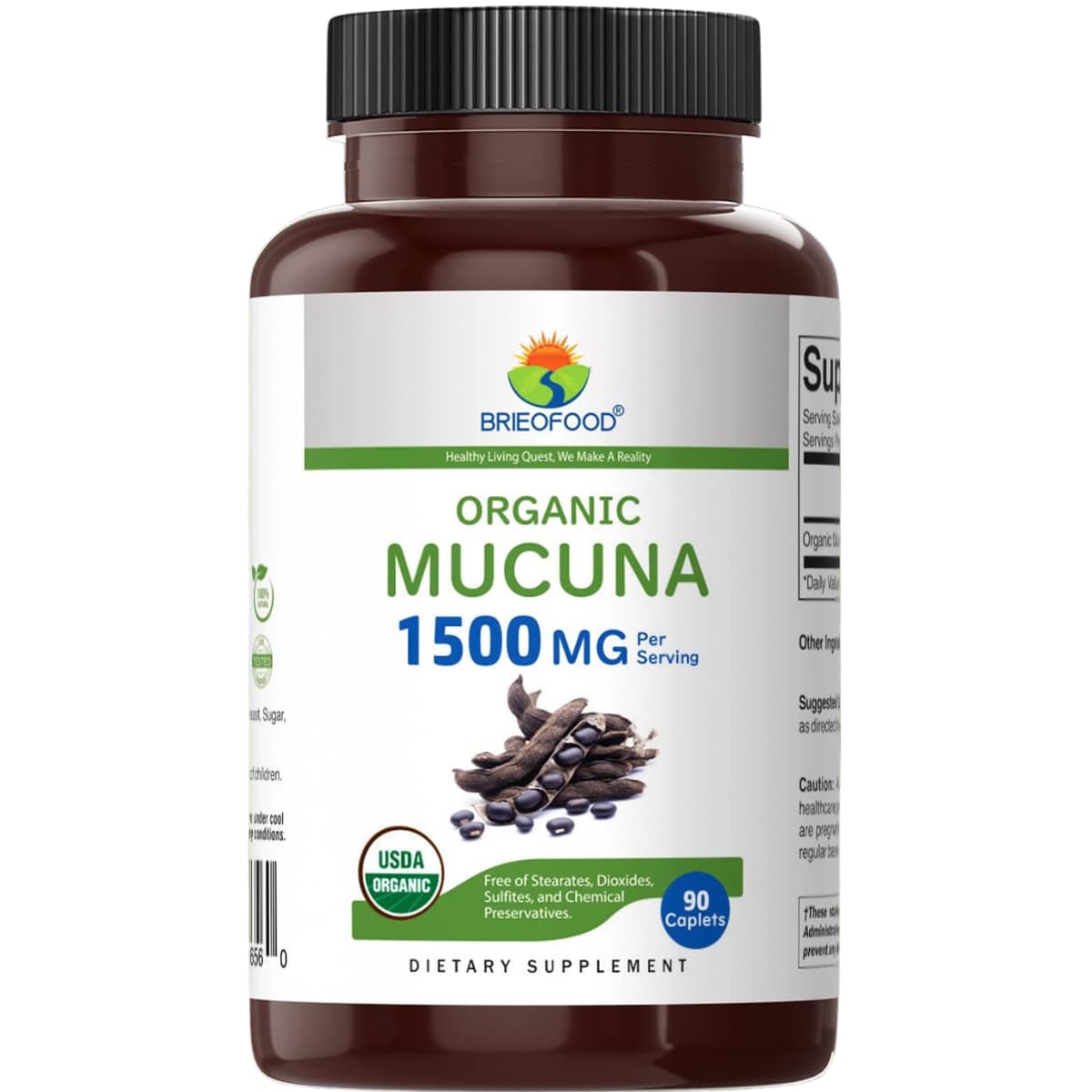 Frasco de suplemento Brieofood Mucuna Orgánica 1500 mg 90 tabletas