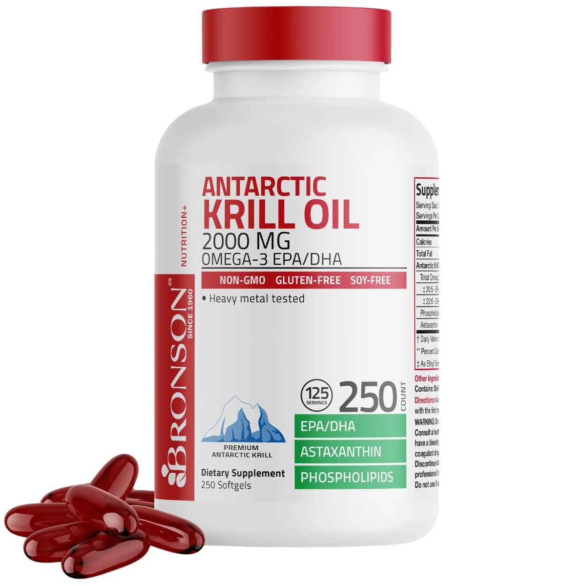 Frasco de suplemento Bronson Aceite de Krill Antártico 250 cápsulas blandas