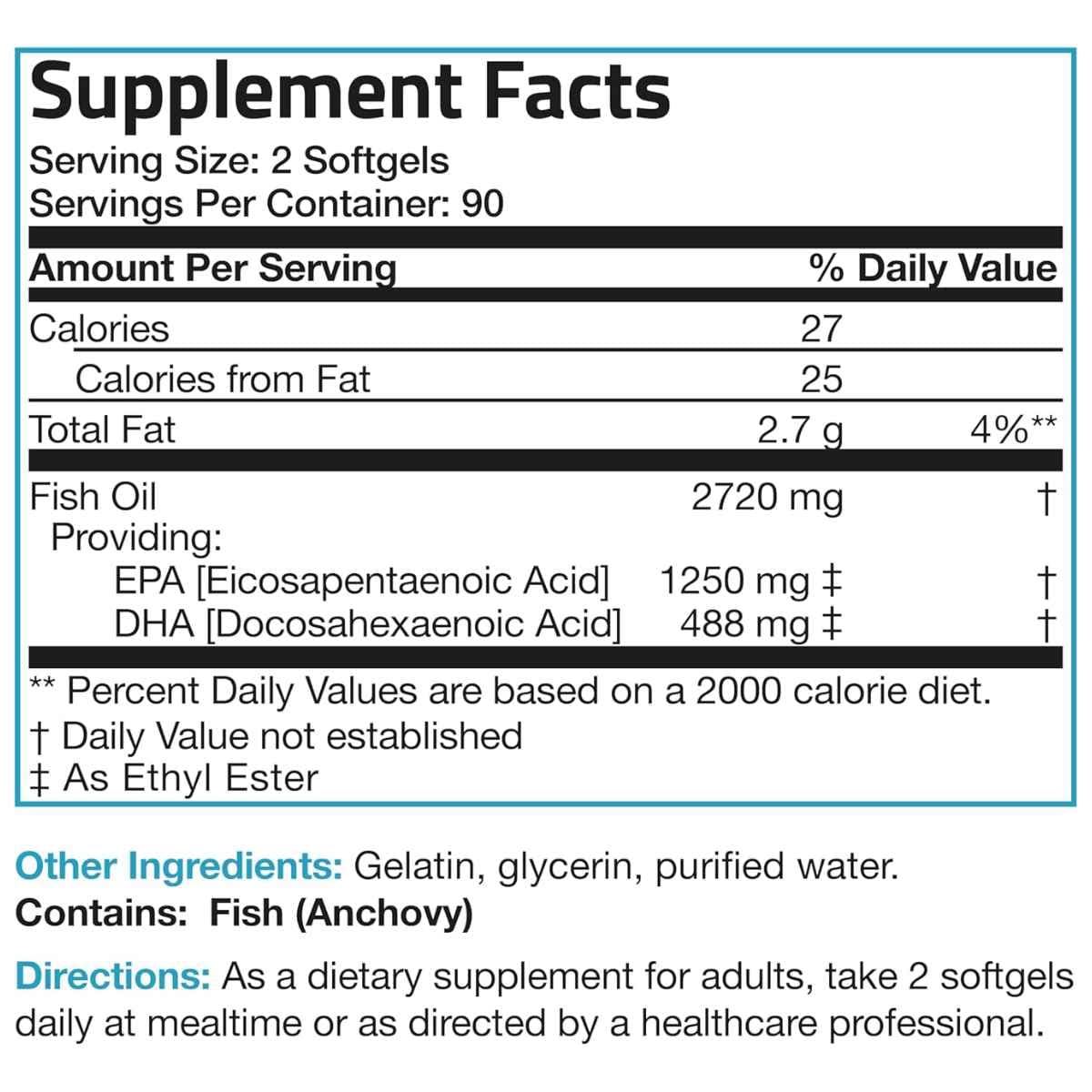 Tabla de suplementos de Bronson aceite de pescado Omega 3 2720 mg, presentación de 180 cápsulas blandas, con porción de 2 cápsulas blandas, 90 porciones por envase, EPA y DHA.