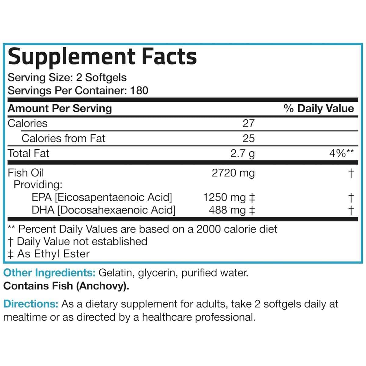 Tabla de suplementos de Bronson aceite de pescado Omega 3 2720 mg, presentación de 360 cápsulas blandas, con porción de 2 cápsulas blandas, 180 porciones por envase, EPA y DHA.