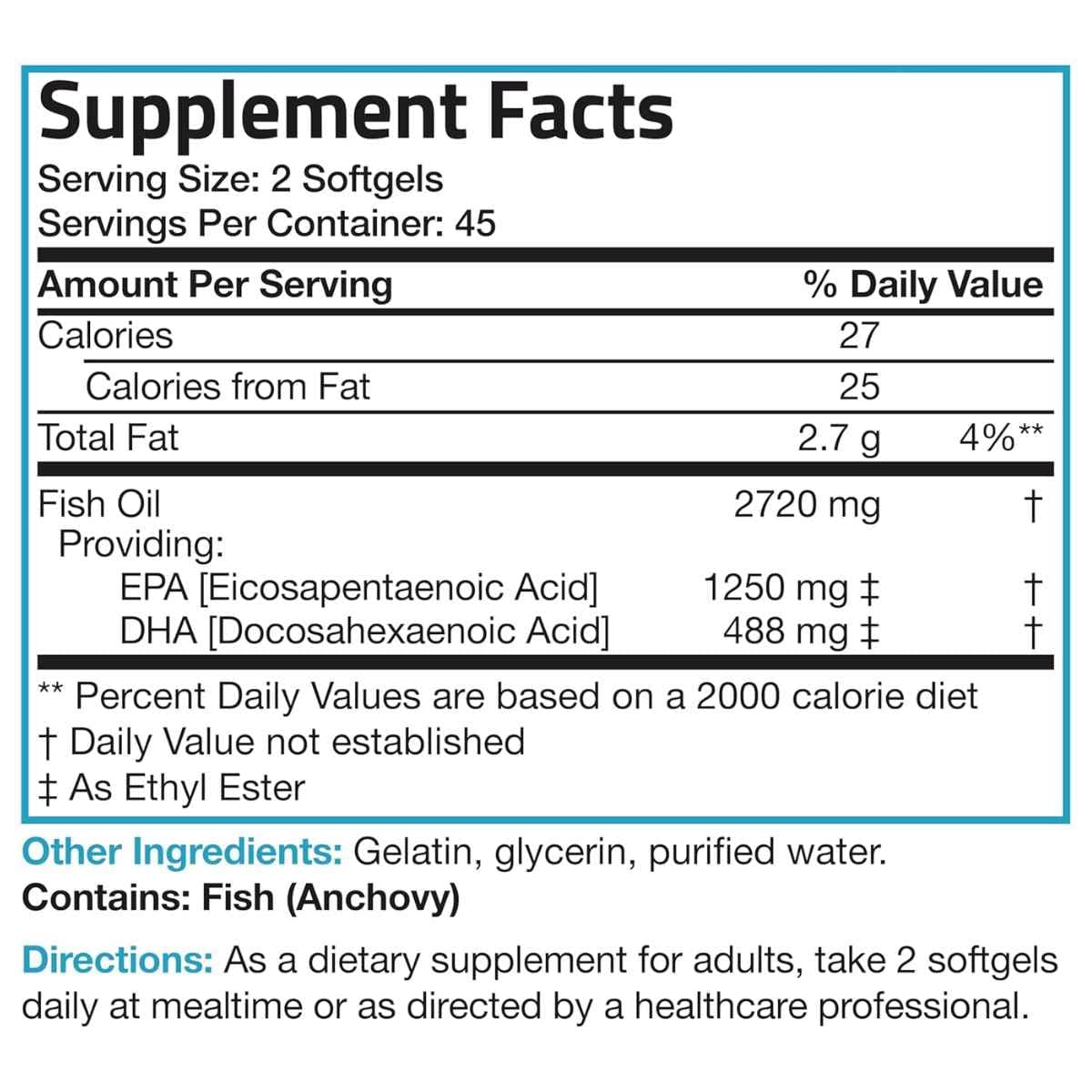 Etiqueta de Bronson aceite de pescado Omega 3 2720 mg, presentación de 90 cápsulas blandas, con tabla de suplementos, modo de uso, ingredientes y advertencias.