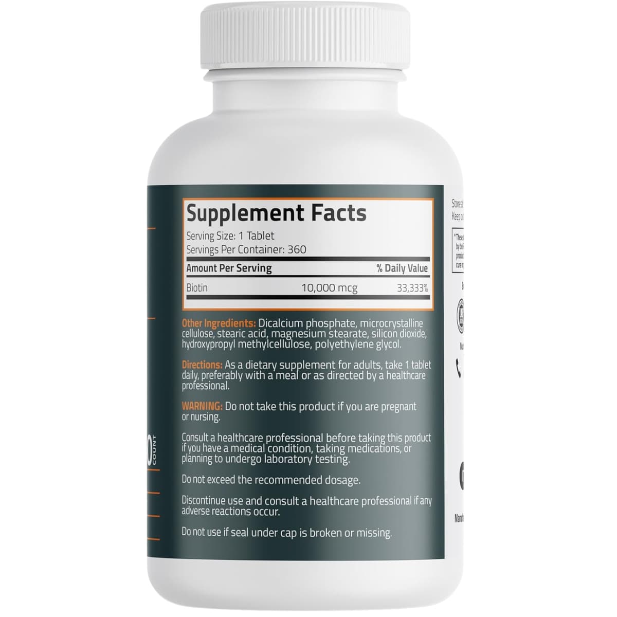 Tabla nutricional del suplemento Bronson Biotina 10000 mcg 360 tabletas