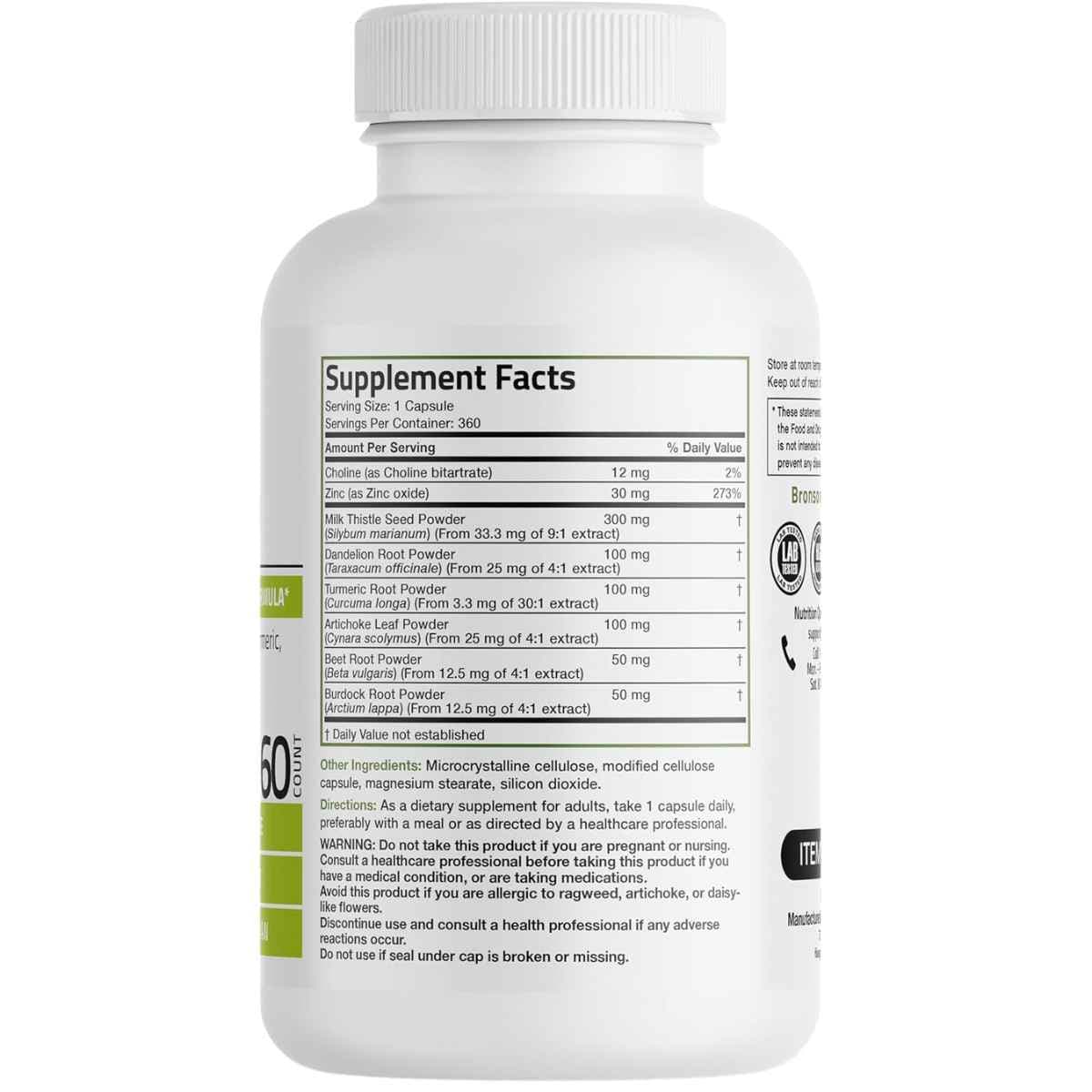 Tabla nutricional del suplemento Bronson Cardo Mariano Complejo Hepático 360 cápsulas
