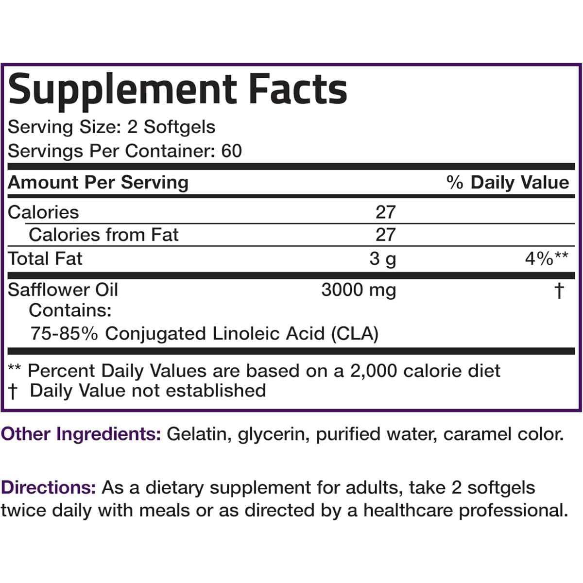 Tabla nutricional del suplemento Bronson CLA Ácido Linoleico Conjugado 120 cápsulas blandas