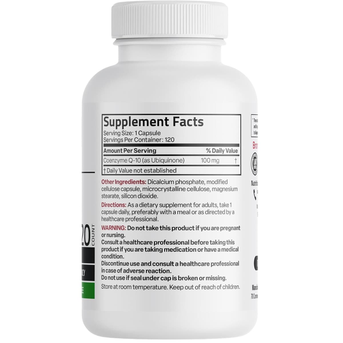 Tabla nutricional del suplemento Bronson Coenzima CoQ10 100 mg 120 cápsulas