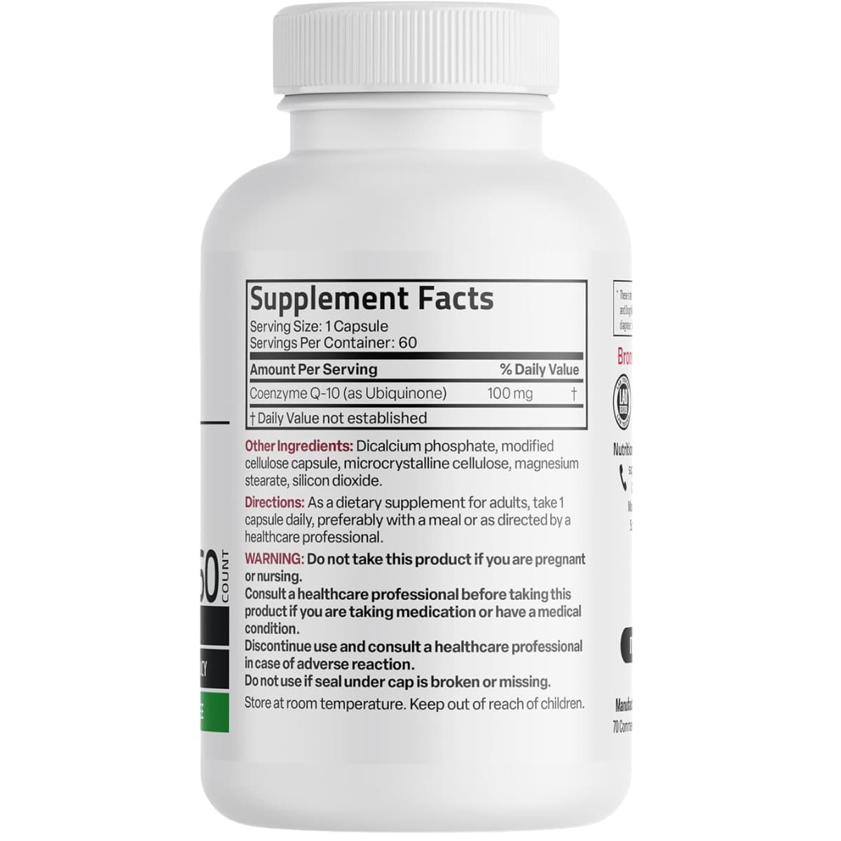 Tabla nutricional del suplemento Bronson Coenzima CoQ10 100 mg 60 cápsulas