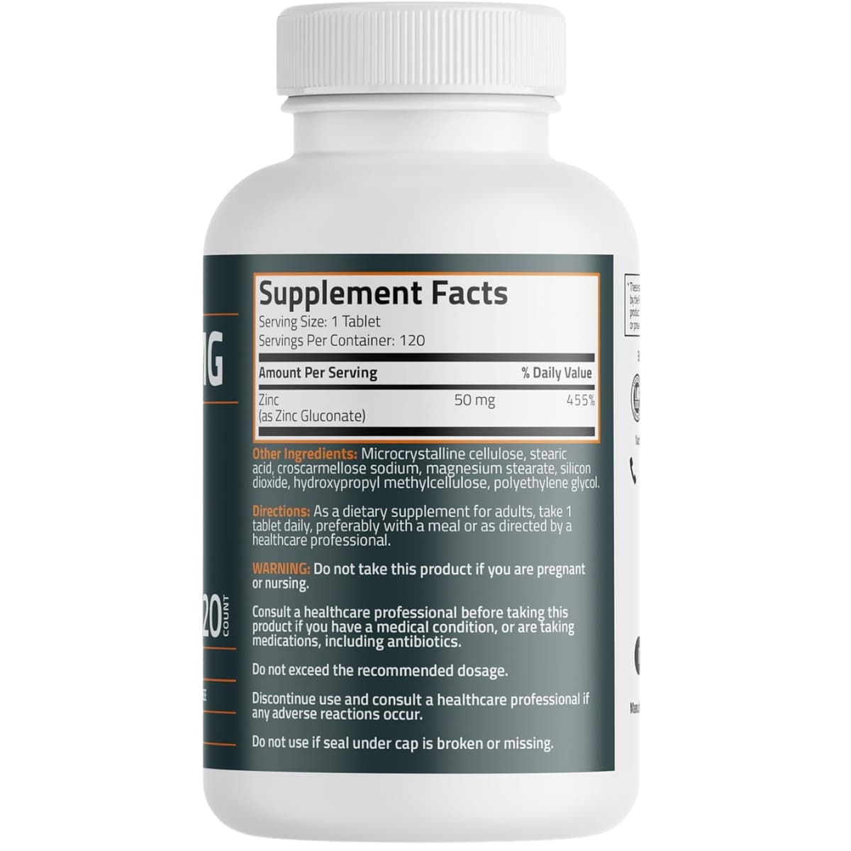 Tabla nutricional del suplemento Bronson Zinc 50 mg 120 tabletas