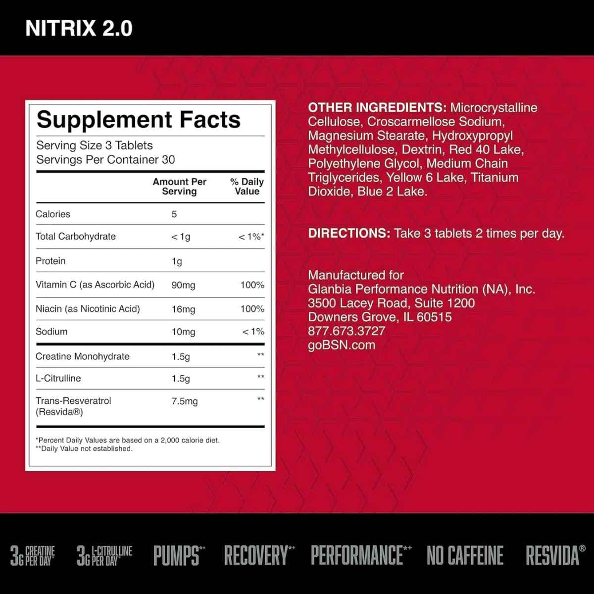 Tabla nutricional del suplemento BSN Precursor de Óxido Nítrico Nitrix 2.0 90 tabletas