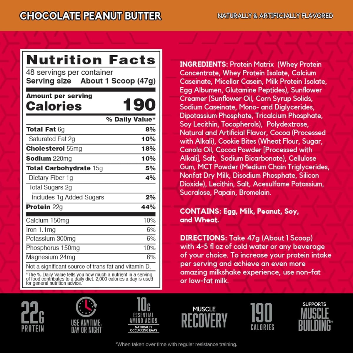 Tabla nutricional del suplemento BSN Syntha-6 22g Proteína 5 lbs sabor Mantequilla de Maní con Chocolate