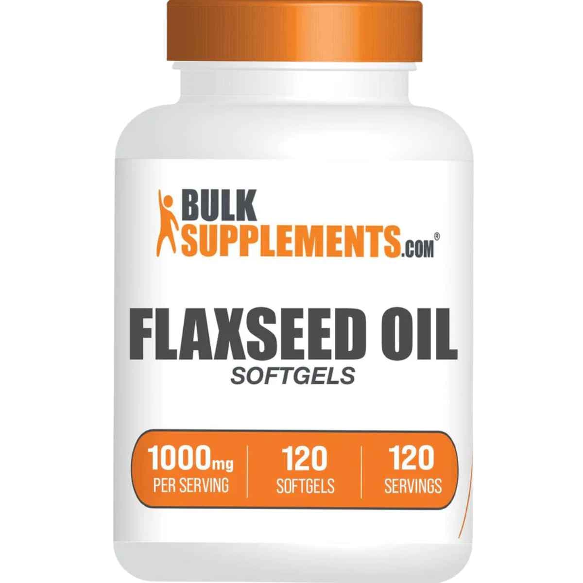 Frasco de suplemento BulkSupplements.com Aceite de Linaza 120 cápsulas blandas