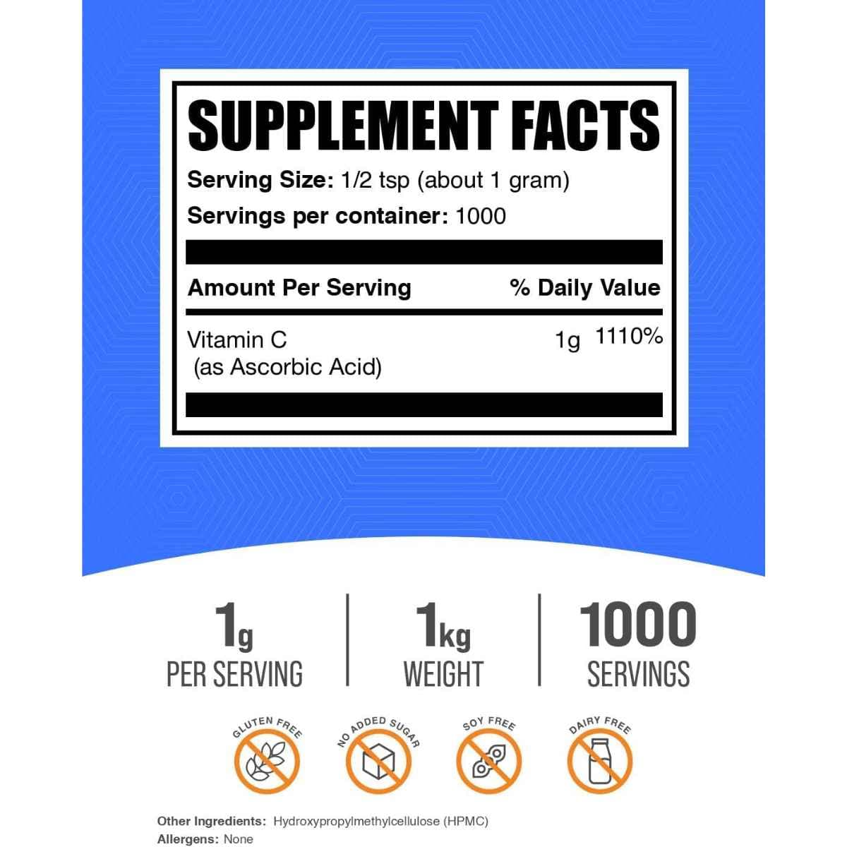 Tabla nutricional del suplemento BulkSupplements.com Ácido Ascórbico 1000 mg 1000 gramos