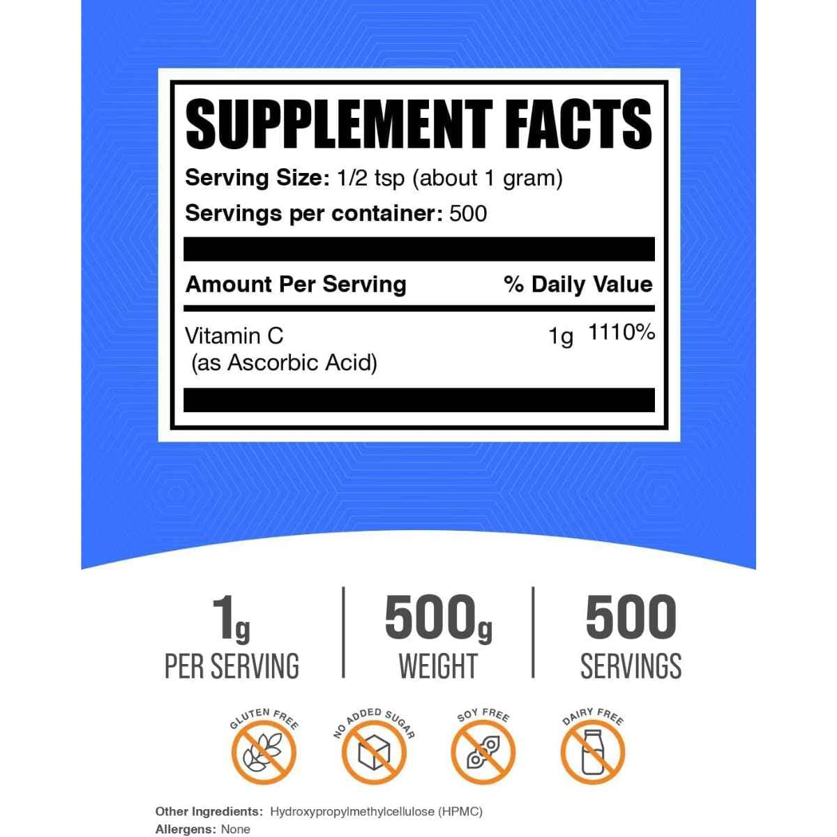 Tabla nutricional del suplemento BulkSupplements.com Ácido Ascórbico 1000 mg 500 gramos
