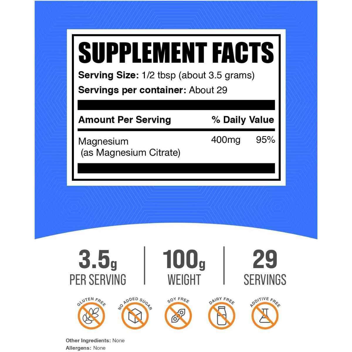 Etiqueta de ingredientes de BulkSupplements citrato de magnesio en polvo 100 g