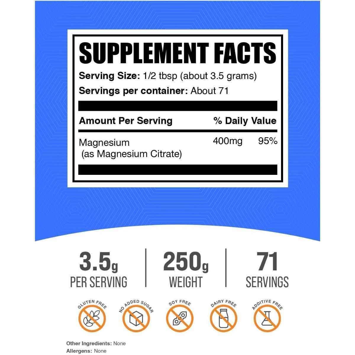 Etiqueta de ingredientes de BulkSupplements citrato de magnesio en polvo 250 g
