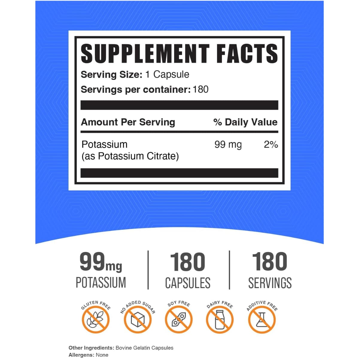 Tabla nutricional del suplemento BulkSupplements Citrato de Potasio 99 mg 180 cápsulas