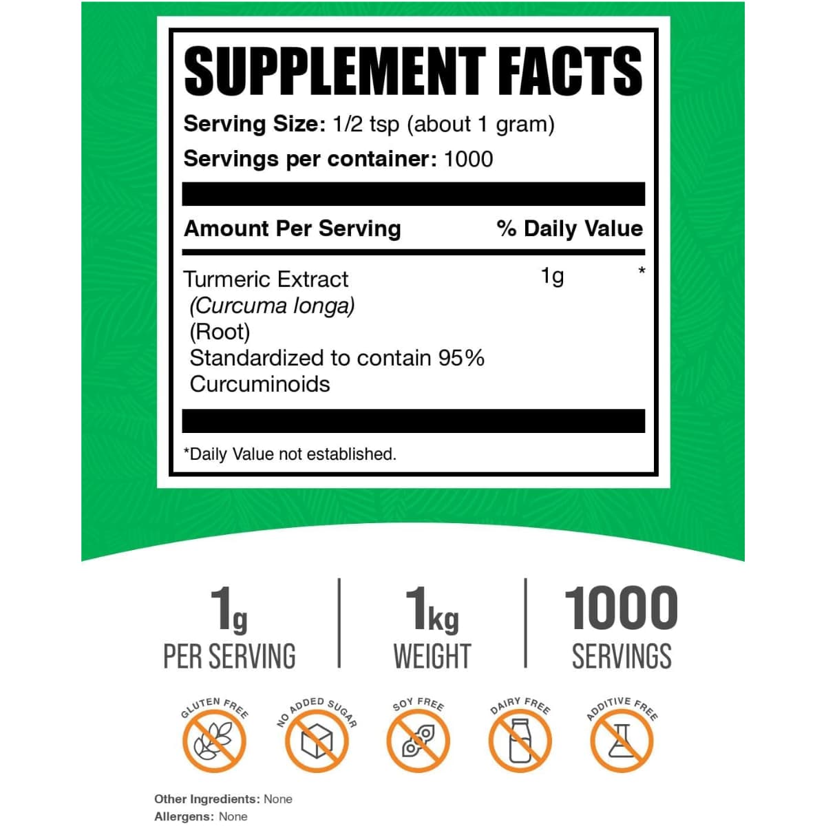 Tabla nutricional del suplemento BulkSupplements Extracto de Cúrcuma 1 kg