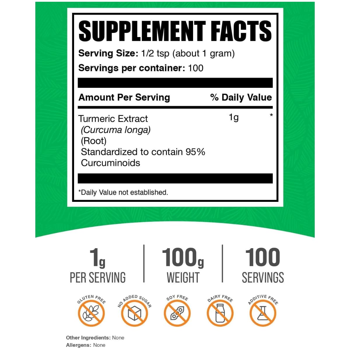 Tabla nutricional del suplemento BulkSupplements Extracto de Cúrcuma 100 g