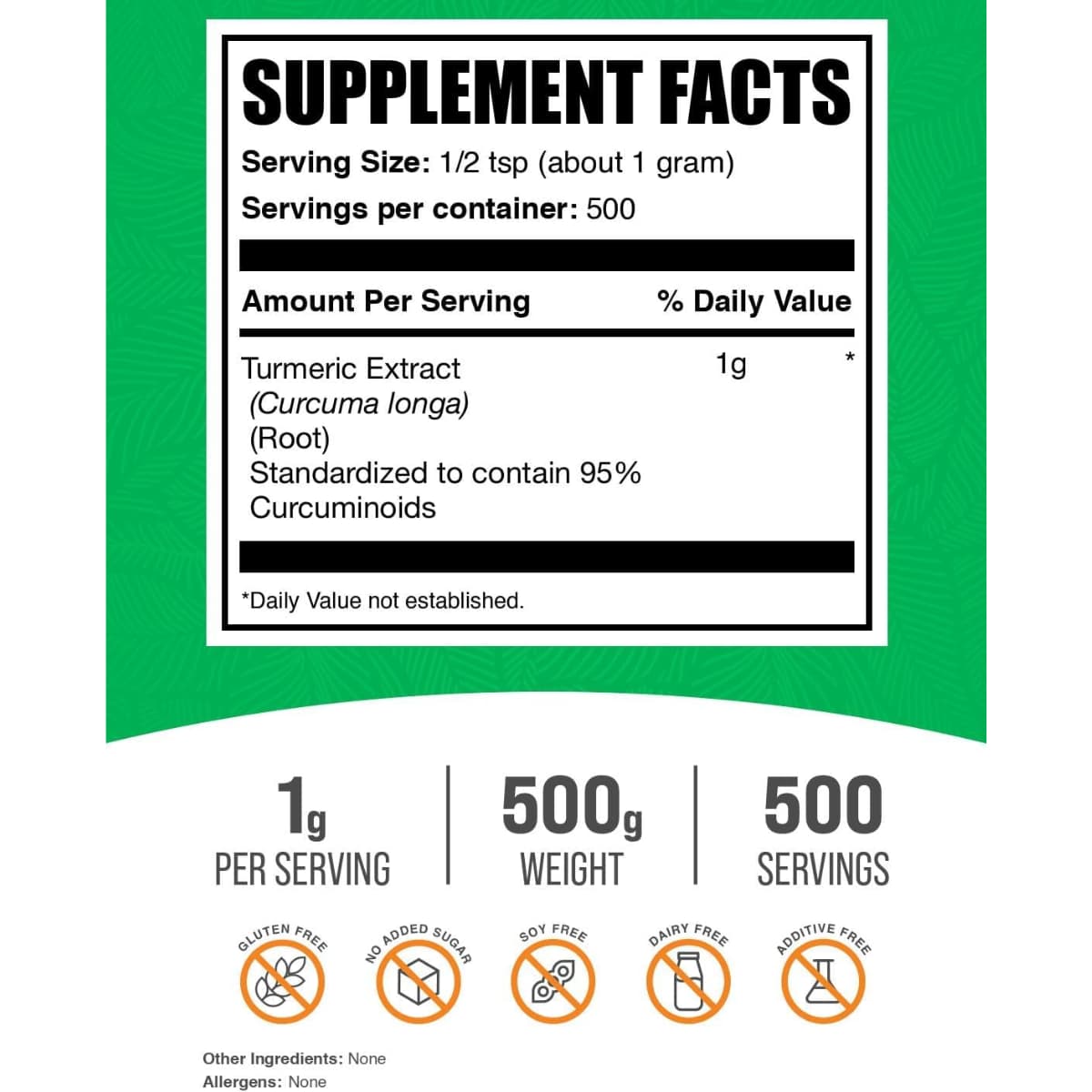 Tabla nutricional del suplemento BulkSupplements Extracto de Cúrcuma 500 g